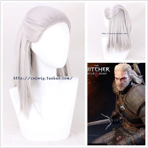 Geralt of Rivia Cosplay Wig White Slivery Straight Synthetic Hair Wigs for Men Party Novel Game Costume Halloween