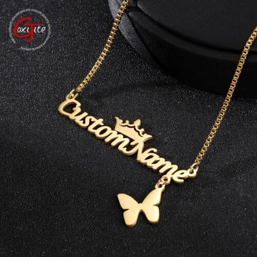 Goxijite New Custom Name Women Necklace Peronalized Butterfly Hanging Crown Letter Names Pendant Necklaces Best Jewelry Gift