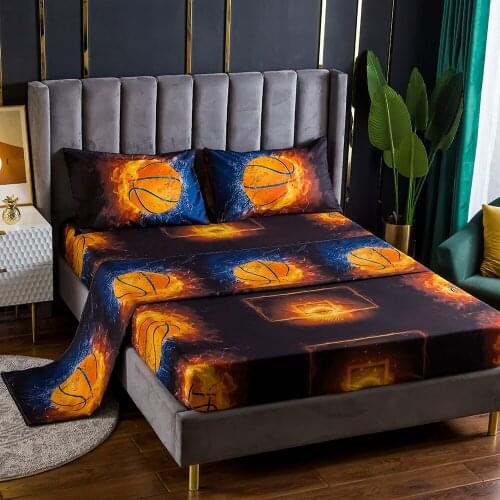 3/4pcs Queen King Size Dark Bed Sheet Set Covers Basketball Fire Print Flat Fitted Bed Sheets with Pillowcase Double Bedclothes
