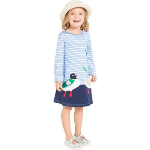 Little Bitty New Spring Autumn Kids Blue Striped Ducks Appliques O-neck Girls 2-7yrs Full-sleeved Cotton Knitted Dresses