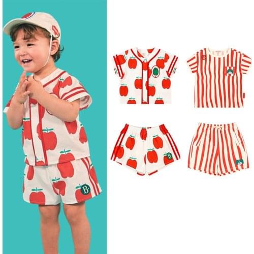 EnkeliBB Korean Kids Unisex Summer Clothes Sets Fashion Brand Design Apple Pattern Striped Shirt and Shorts Outfits Child Sets