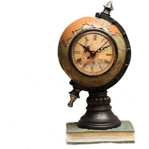 Vintage Home Resin Globe Figurine with Clock Battery Operated, Globe Clock Model Table Decoration Desktop Earth Ornaments