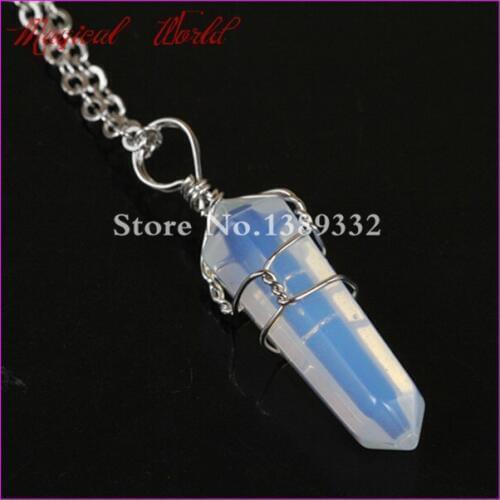 Natural Gems Stone Healing Point Pendant Necklace Wire Wrapped Hexagonal Opal Quartz Druzy Pendant Necklace