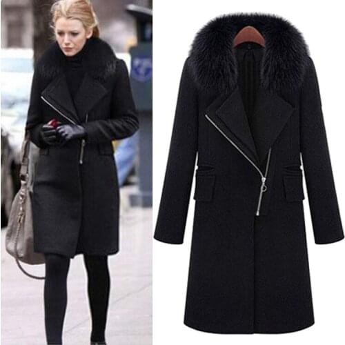 Womens autumn and winter new big-name imitation fox fur collar mid-length woolen coat woolen coat