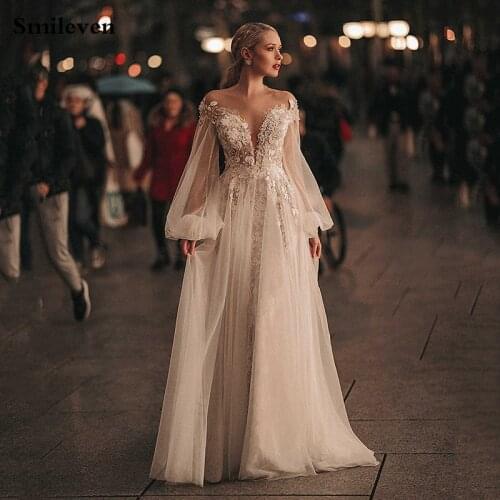 Smileve Princess Wedding Dress Puff Sleeve Boho Bride Dresses With 3D Flowers Wedding Gowns Lace Appliques Vestido de novia