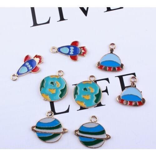 10PCs Blue Style Enamel Alloy Charms Cute Rocket Earth Ball Saturn Metal Pendant Fit Ornaments Jewelry Necklace Earring Bracelet