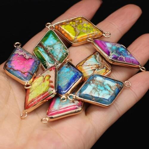 Natural Stone Crystal Pendants Rhombus Shape Gold plated Connector Charms for Women Jewelry Accessories Making Necklace Gifts