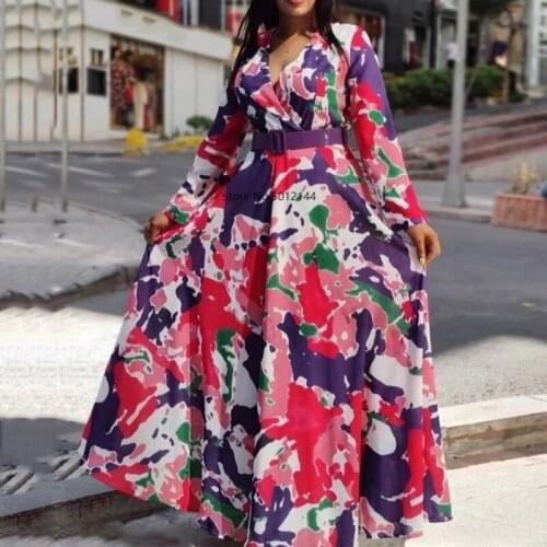 Casual Dress A Line Floral Print Women Colorful Oversized Spring Long Sleeve Female Holiday High Waist Maxi Plus Size Dresses
