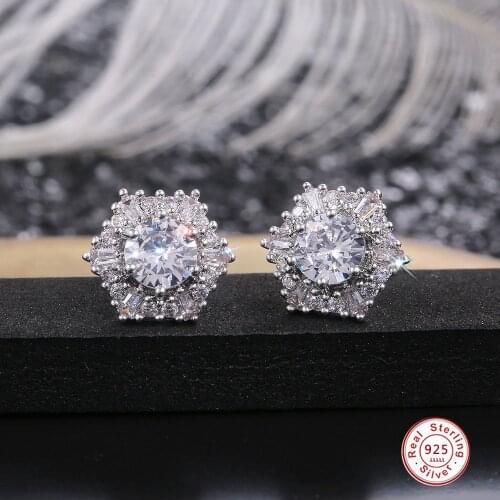 Luxury Female Crystal Zircon 925 Sterling Silver Earrings for Women Hexagon Mosaic CZ Stud Earrings pendientes bijoux femme