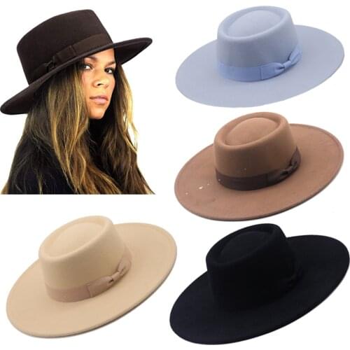 Autumn Winter Womens Felt Hat Fedoras Wool Wide Brim Hats For Women British Style Church Hats Lady Bow Flat Brim Jazz Cap