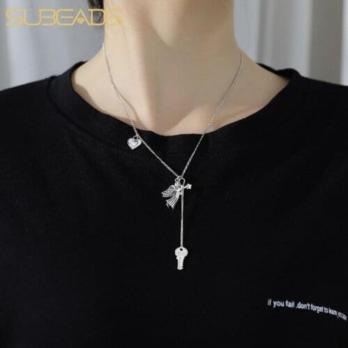 Subeads 925 Sterling Silver Love Angel Cupid Pendant Necklace For Lover Couple Long Chain Heart Lock Key Necklace Fine Jewelry