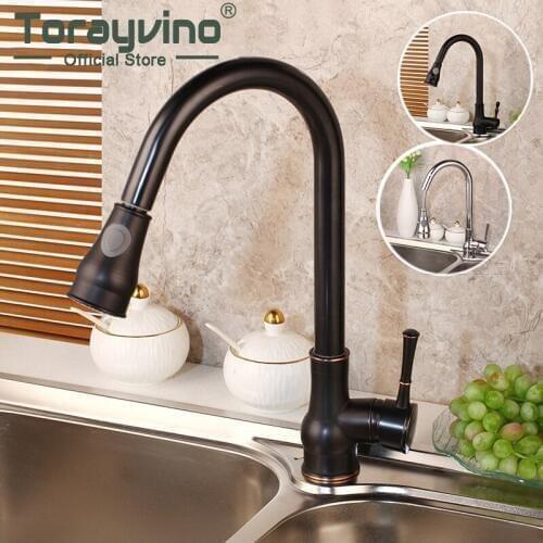 Torayvino Kitchen Faucets Silver & Black Single Handle Pull Out Kitchen Tap Single Hole Handle ORB Taps Swivel 360 Water Mixer