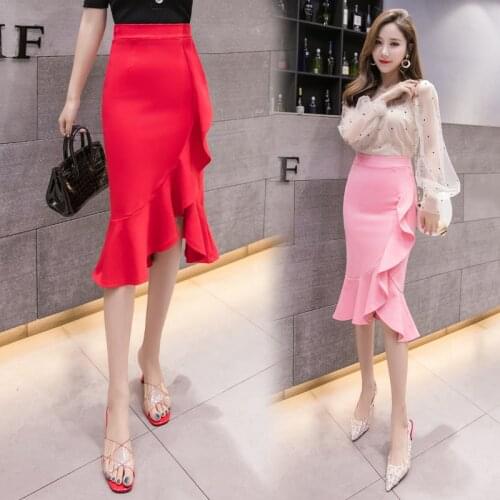 2021 Summer Autumn Women Fishtail High Waist Skirt Red Pink Solid Fashion Office Work Wear Skirts Women Clothes 2xl Business