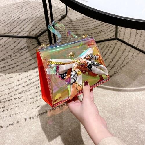 Women PVC Laser Crossbody Bags Mini Fashion Messenger Shoulder Bag Silk Scarf Bow Laser Chain Small Square Bag