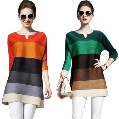 Women Fashion All-Match Loose Large Size Short Dress Color Contrast Miyake Fold Stripes Splicing Dress Female Rainbow Dresses A