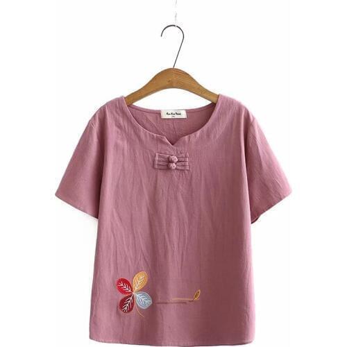 Plus Size 2XL-5XL Womens New Simple Round Neck T-shirt Floral Embroidered Summer Shirts Vintage Tops