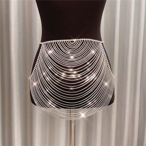 Woman Sexy Full Rhinestone Shining multilayer skirt Mini Wavy Fashion Hip jewelry Waist chain Shorts Rave Party Body jewelry