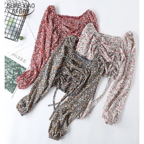 Casual Long Sleeve Floral Women Blouse Clothes 2021 Autumn Fashion Square Collar Chiffon Shirts Women Blusas Mujer De Moda 10229