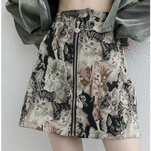 Women Cat Pattern Skirts Korean High Waist A-Line High Waist Falda Mujer Vintage Cartoon Streetwear Female Skirt beautiful