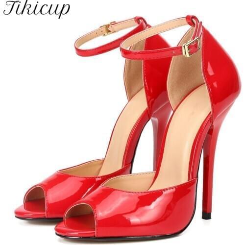 Tikicup Unisex Ankle Strap Peep Toe High Heels Drag Queen Crossdresser Shoes Summer Women 13cm Stiletto Sandals Plus Size 37-48