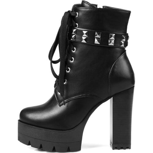Autumn Winter High heels Black Women Shoes 2021 Fashion Retro Round toe Chunky heels Lady Shoes Rivet Cross Lacing Ankle boots