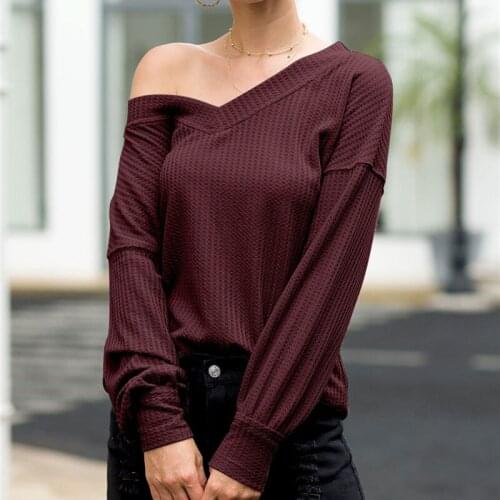 2019 Autumn New Wine Red V-neck Lantern Sleeve Solid Color Women Tops Fashion High Quality Plus Size Wild Women Tops