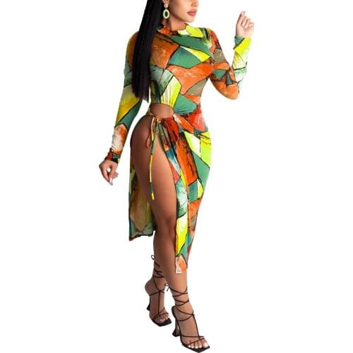 Womens Casual Long Sleeve Dress Fashion Geometric Printing Bandage Irregular Skinny Mid-length Dress