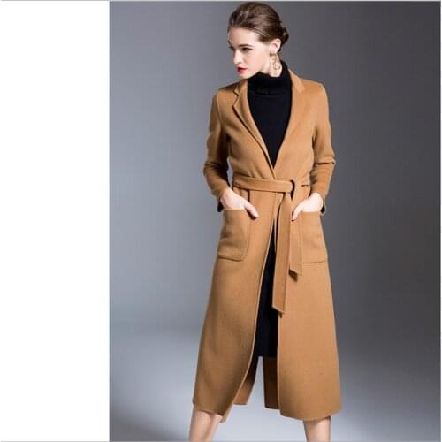 Camel Color Winter Woman Cashmere Coat England Style Lady Notched Belt Woolen Overcoating Split Elegant Long Outerwear With Bag
