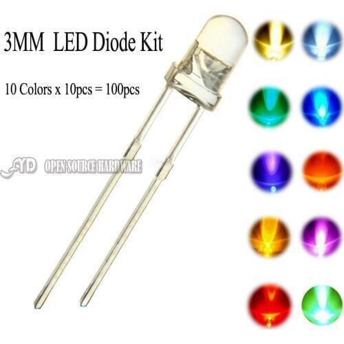 100pcs (10 colors x 10pcs) 3mm LED Diode Kit 3 mm Light Emitting Warm White Green Red Blue Yellow Orange Purple UV Pink LED DIY