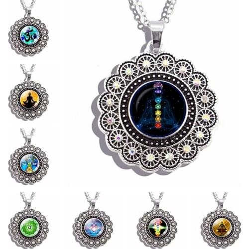 7 Chakra Flower Pendant Yoga Meditation Necklace Jewelry Vintage Rhinestone Buddhism Indian Necklace for Women
