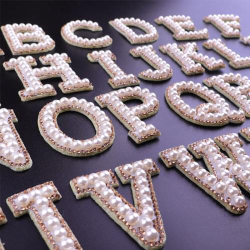 A-Z Pearl Yellow Rhinestone English Letter Alphabet Sew Iron On Patch Badge 3D Handmade Letters Patches Bag Hat Applique DIY