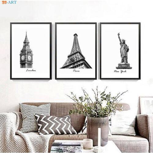 Architecture Poster Black and White London New York Paris Wall Art Statue of Liberty Big Ben Canvas Painting Office Decor