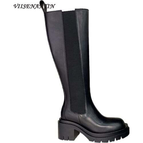 Boots Autumn New Black Chelsea Boots Round Toe Thick with Thick Bottom Leather All-match Skinny Knee-length Small Boots