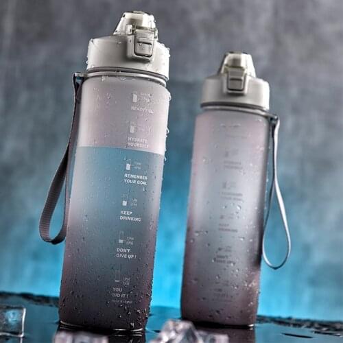 Outdoor Sport Water Bottle Tritan Plastic Motivational Large 1000ml Gray Portable Cup Lanyard Gift for Men Boy Student