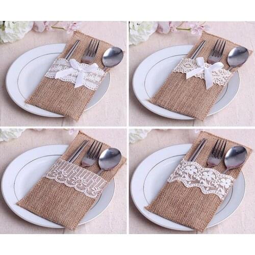 50pcs Jute Linen Tableware Storage Bag With White Lace For Wedding Party Birthday Venue Decoration