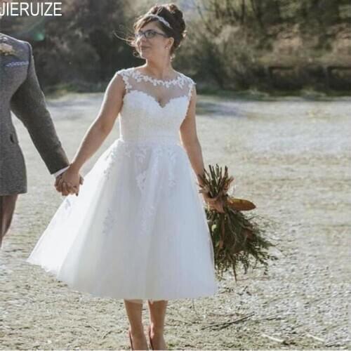 JIERUIZE Elegant Short Wedding Dresses O Neck Lace Appliques Tulle Bridal Gowns Plus Size A Line Wedding Gowns robe de mariee