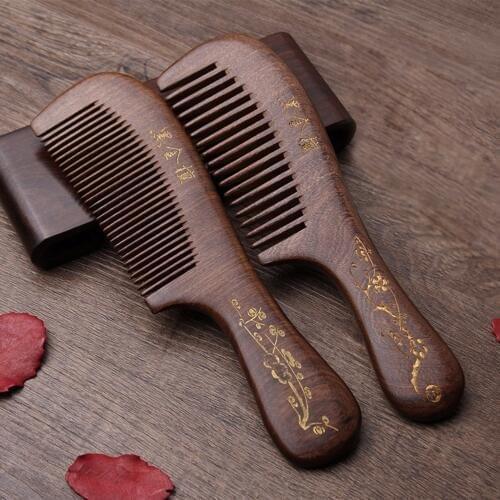 1Pc Solid Wood Carving Ancient Foil Gold Combs Natural Sandalwood Wood Combs Anti-Static Beard Comb Handicraft Hair Styling