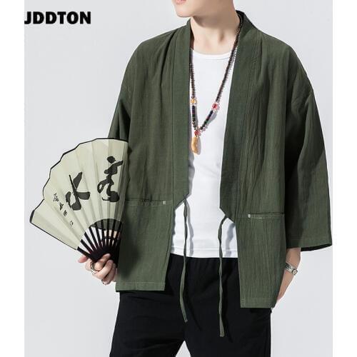 JDDTON Mens Kimono Open Linen Jackets Solid Color Outerwear Thin Belt Coats Loose Casual Male Long Sleeve Retro Overcoats JE113