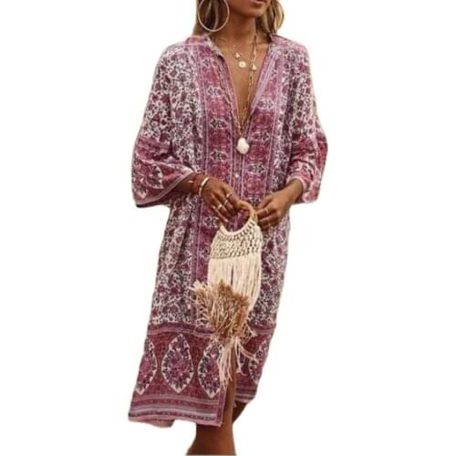 Hot New Vintage Printed Women Split Fork Dress Plus Size Fashion Elegant Ladies Dress Summer V Neck Button Big Swing Dresses 5XL