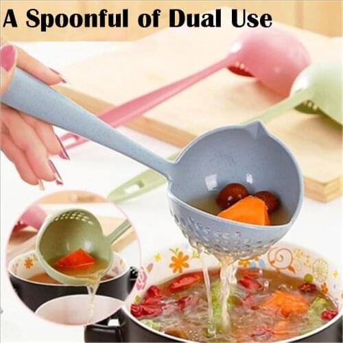 Wheat Straw Cooking Shovels 2 In1 Long Handle Melon Scoop Kitchen Accessories Plastic Spoon Colander Soup Vegetable Strainer
