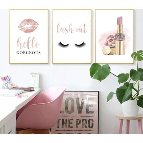 Fashion Eyelashes Lipstick Makeup Wall Art Canvas Painting Posters Rose Gold Girls Gifts Wall Decor Prints Hello Gorgeous Sign