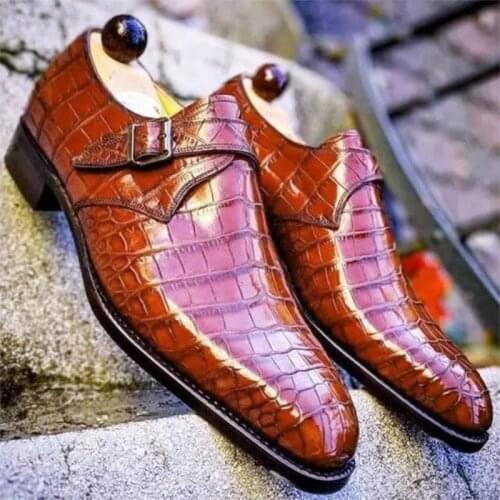 2021 New Style Comfortable Classic Fashion Business Casual Handmade Mens PU Pure Color Crocodile Pattern Monk Shoes XM126
