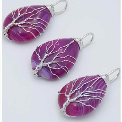 Natural Gem Stone Tree of Life Wire Wrapped Water Drop Pendant for Necklaces Reiki Blue Purple Veins Onyx Charms Women Jewelry