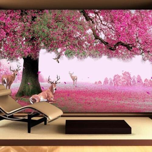 Purple cherry Tree Deer Large mural 3d Wall paper for TV Background 3d Photo Murals Wallpaper 3d Papel Murals