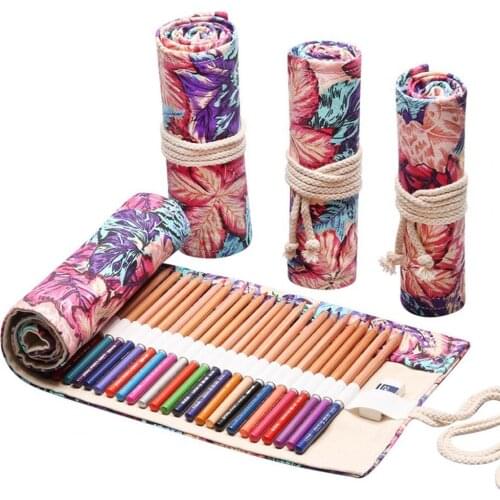 12/24/36/48/72 Holes Roll-up Pencil Bag Pencilcase Maple Leaf Canvas Pencil Storage Pouch Bags Pen Organizer School Supplies