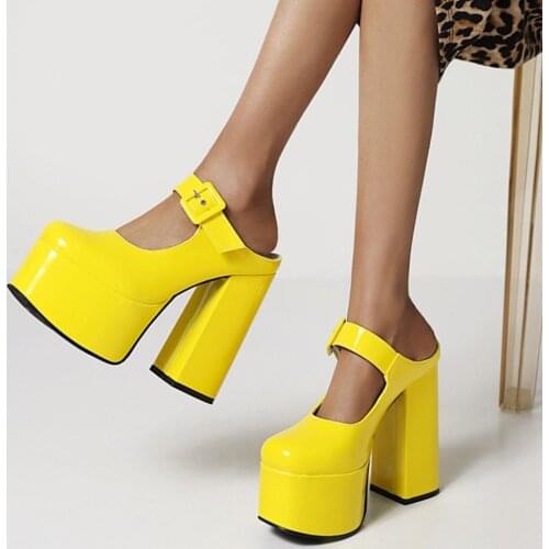 RIBETRINI Office Lady Platform Buckle Block Heel Pumps Sexy High Heels Platform Summer Mule Pumps Women 2021 Party Shoes Woman