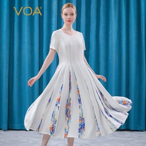 VOA Silk Heavy 30m/m Milk White Round Neck Short Sleeve Pleated Print High Waist Waist Waist Large Swing Dress AE538