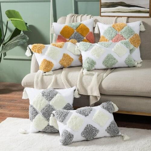 Tufted Pillow Case Cotton Embroidery Idyllic Style Sofa Cushion Cover Tassels Decorative Pillowcase Boho Home Decoration