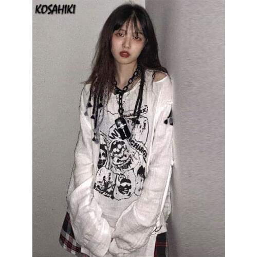 KOSAHIKI White Gothic Lady Skull Print Loose T Shirt Off Shoulder Long Sleeve Women Harajuku Thin T-shirt Korean Fashion Cloth