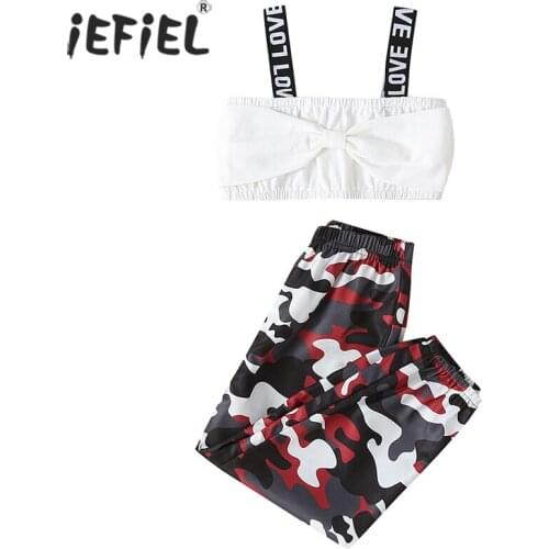 2-7Y Kids Girls Clothes Bowknot Letter Print Crop Tops+Camouflage Pants Children Clothing Summer Workout Dancewear Sports Sets